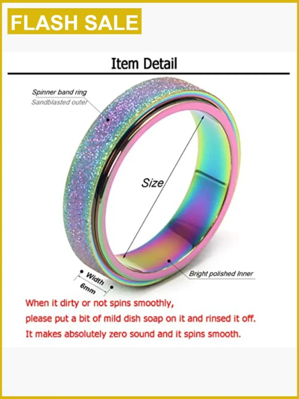 Spinner Anxiety Ring Fidget Ring Stainless Steel Size 6-12 6mm Width
